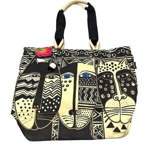 Laurel Burch Sun 'N Sand Extra Large Canvas Tote Top Zipped | Book Tote Bag Cats